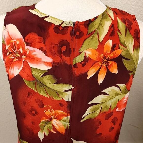 Chico's Silk Tropical Floral Dress - Red Green Sleeveless Medium - Picture 5 of 8
